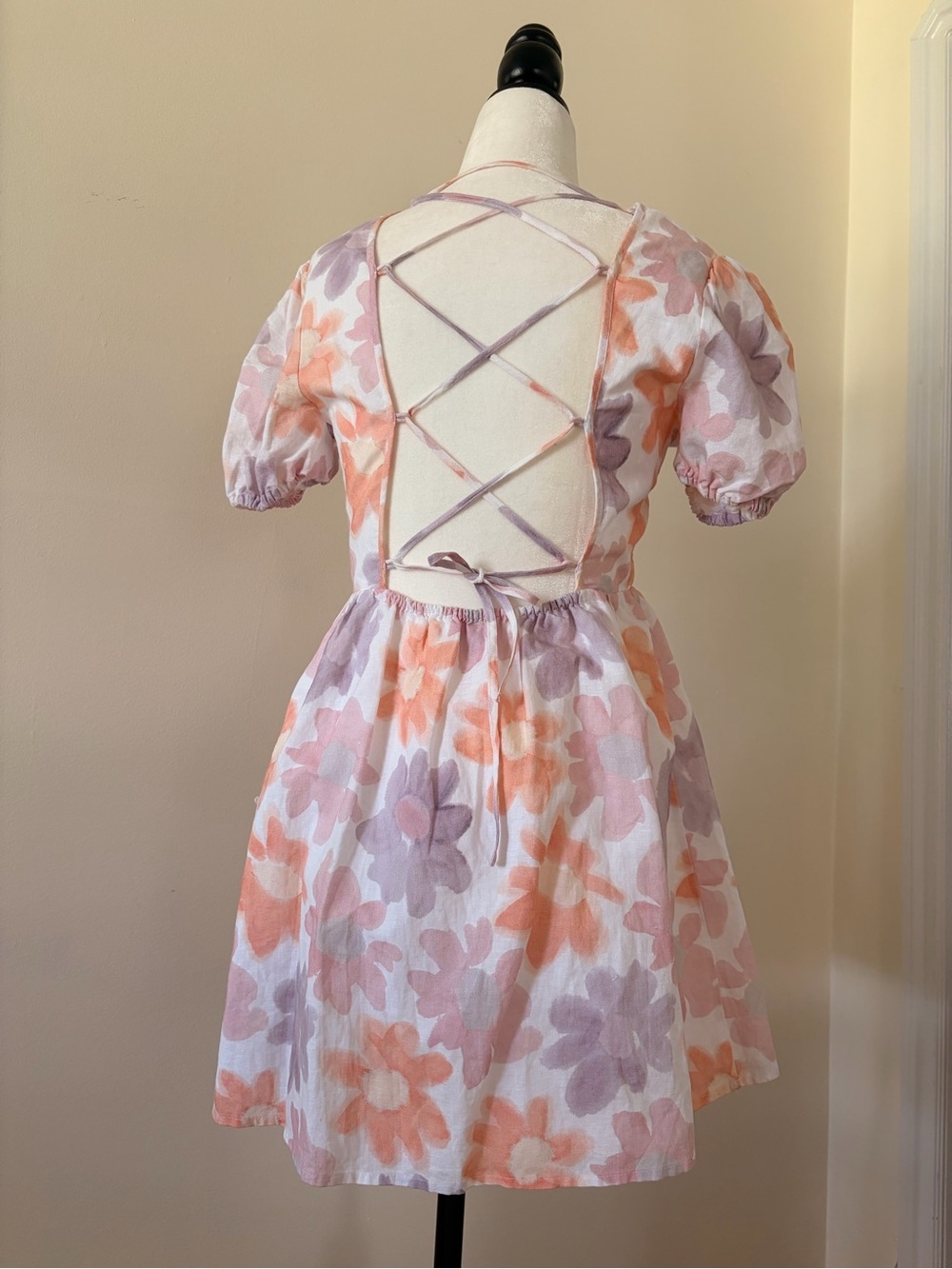 Sunday Best Floral Puff Sleeve Mini Babydoll Dress in Peach and Lavender Florals - Picture 3 of 3